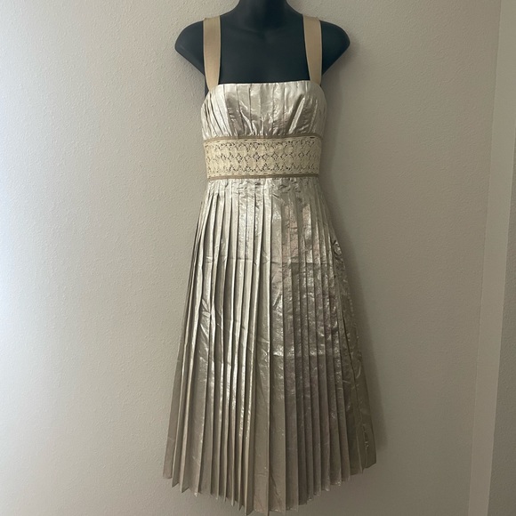 MALANDRINO Gold Tan Midi Pleated Dress - Picture 1 of 9